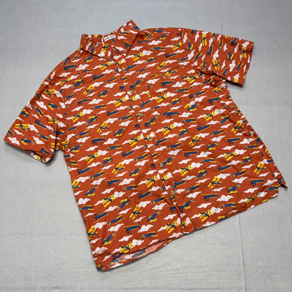 Duluth Trading Co Mens Large Orange Biplane Print Untucked Relaxed Fit Shirt